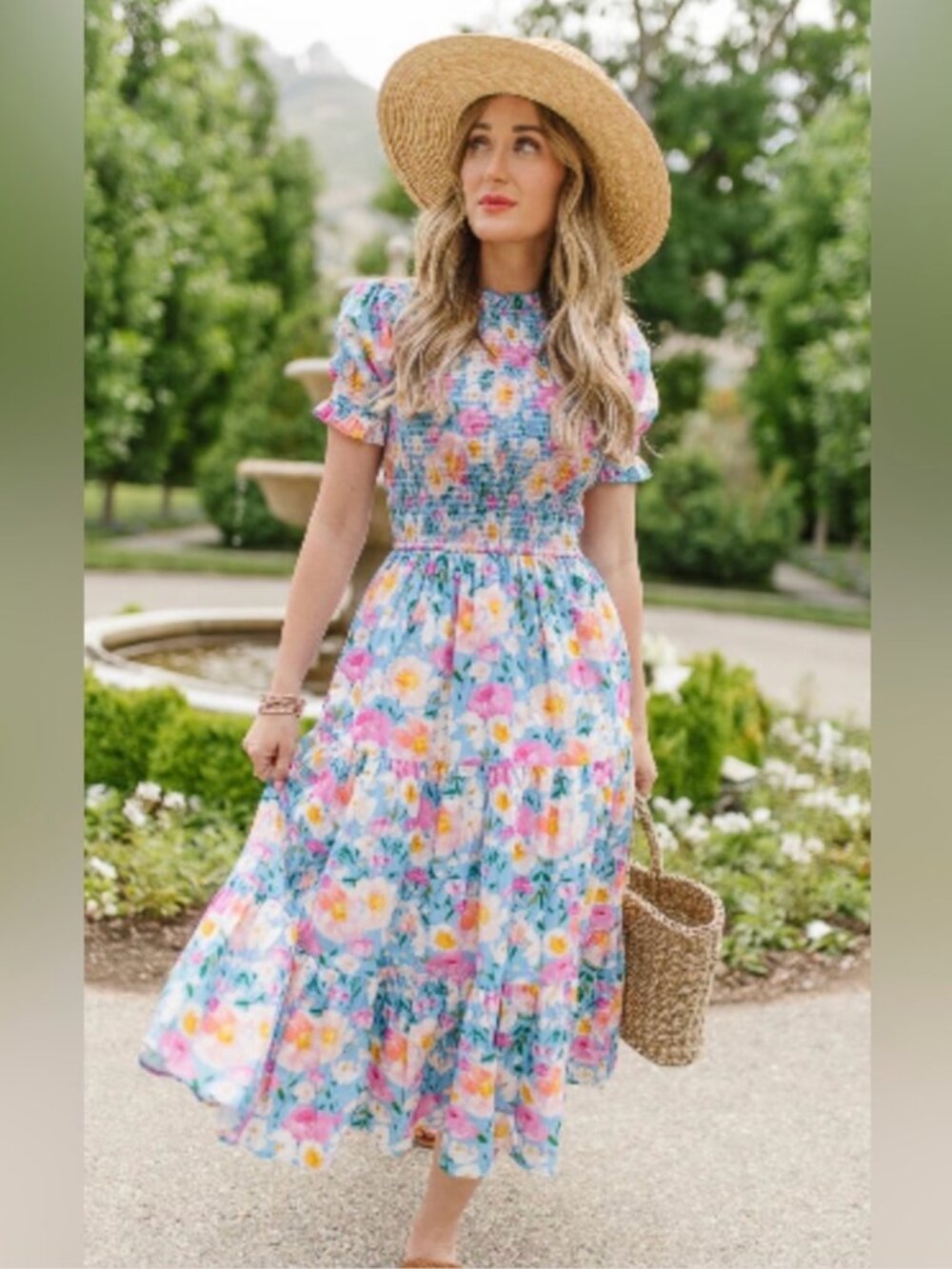 Ivy City Co Delia Dress in Blue XS Floral Smocked Cotton Puff Sleeve Midi